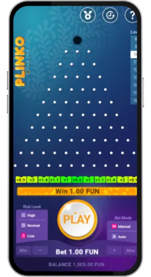 Plinko win result with 10 lines and 1.00 FUN payout